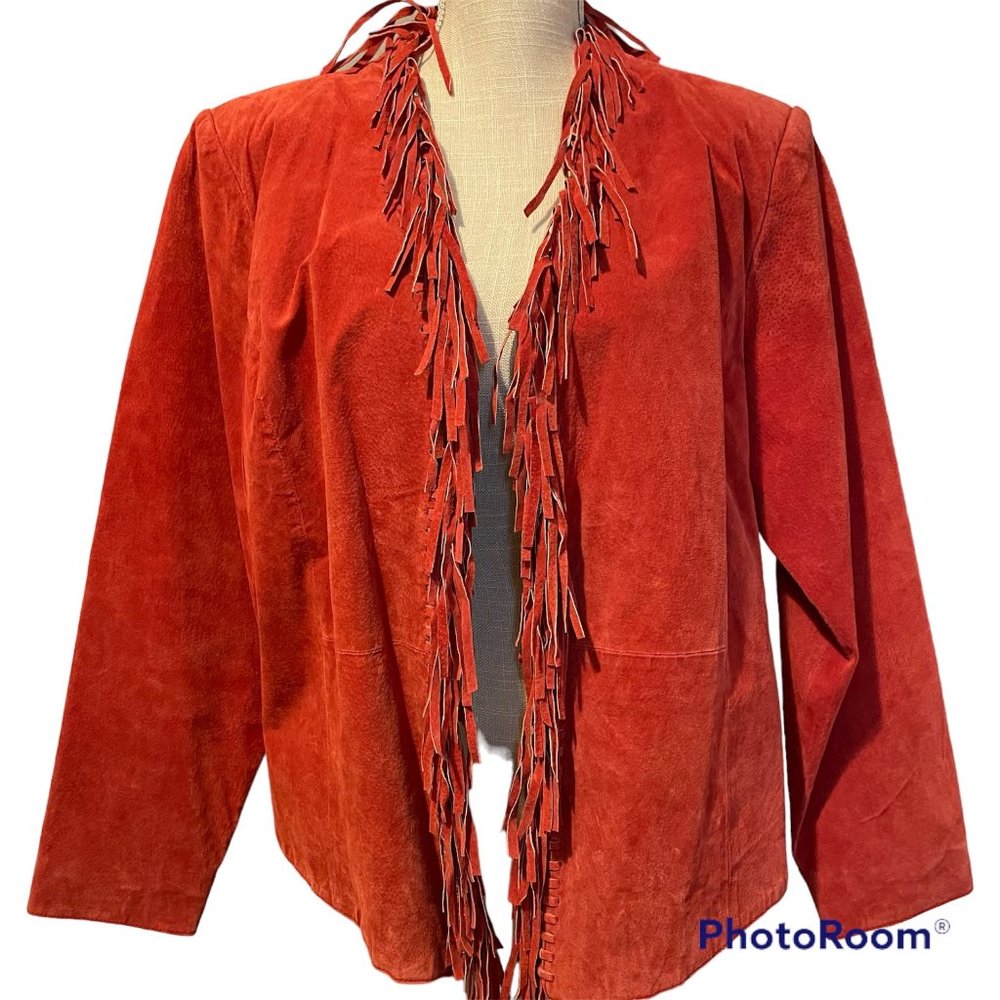 **SOLD**Dialogue Red Fringed Leather Suede Western Jacket Size L